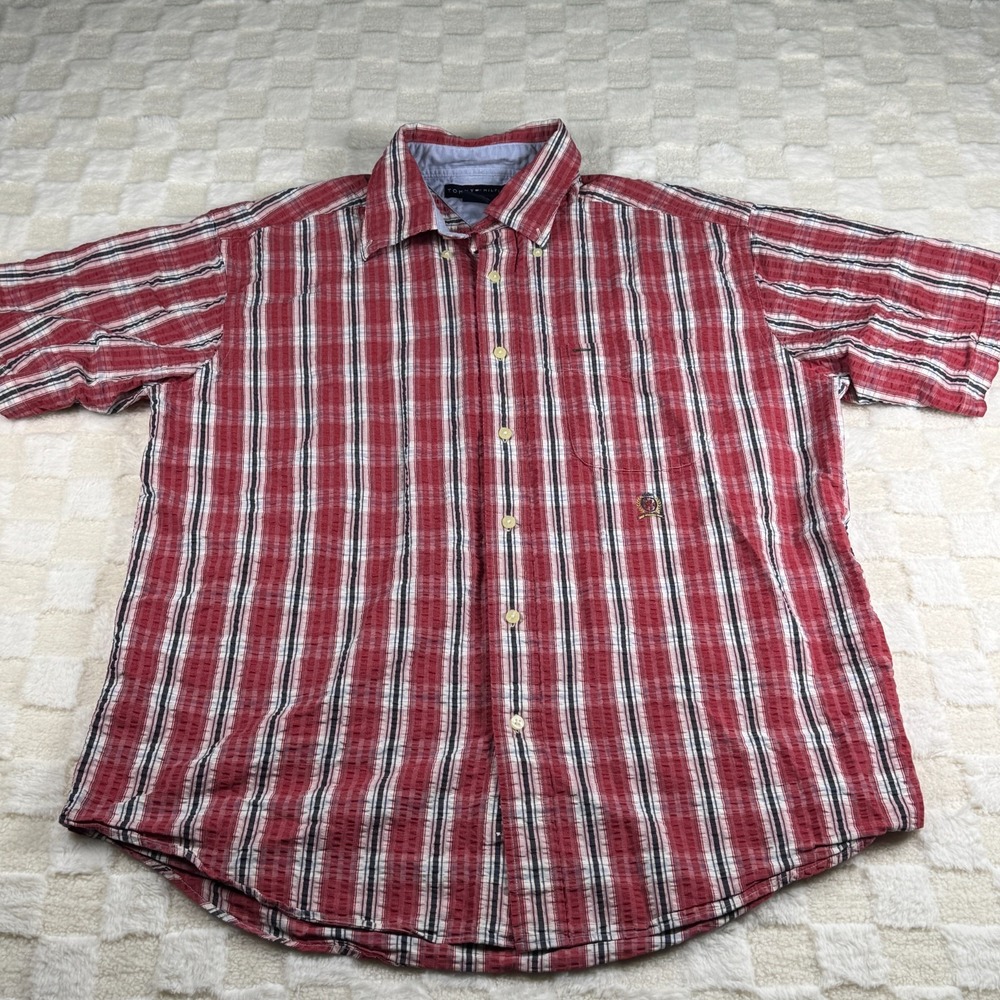 Tommy Hilfiger Red Plaid‎ Seersucker Large Button Down Men's Short Sleeve Shirt
